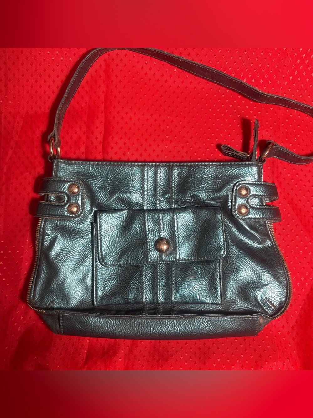 Attention Metallic Teal Shoulder Bag with Front Flap Pocket